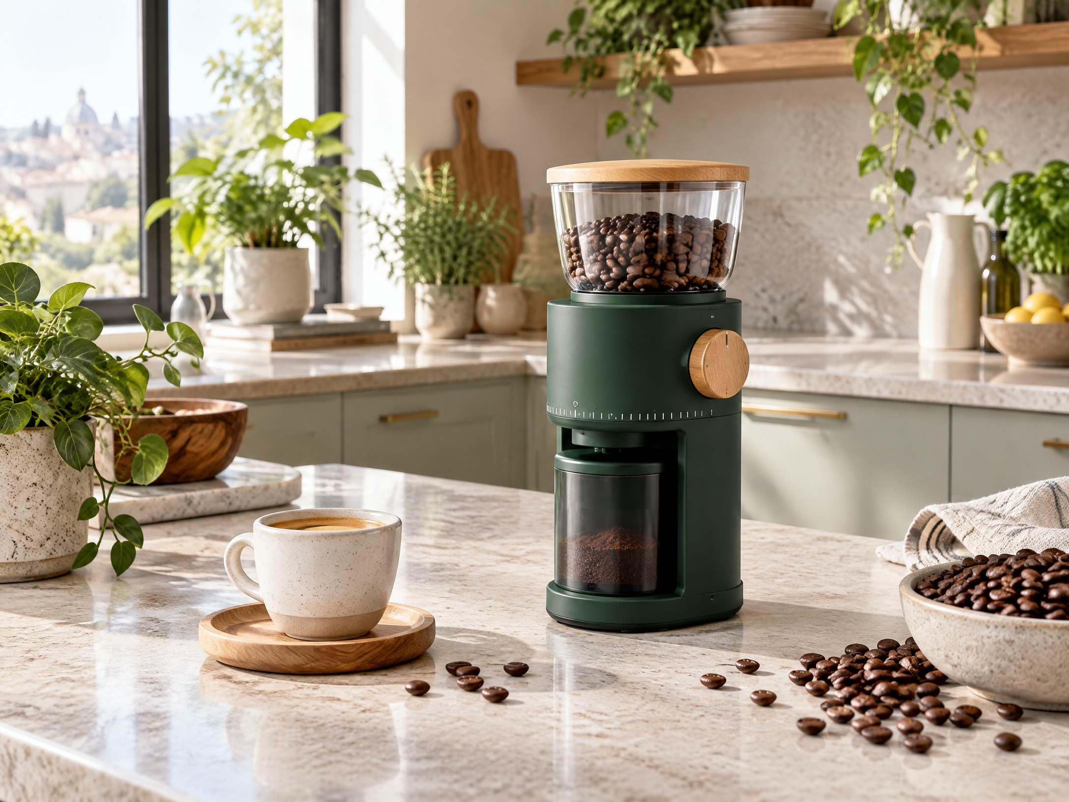 BrewMill Compact Conical Burr Coffee Grinder in a home lifestyle setting