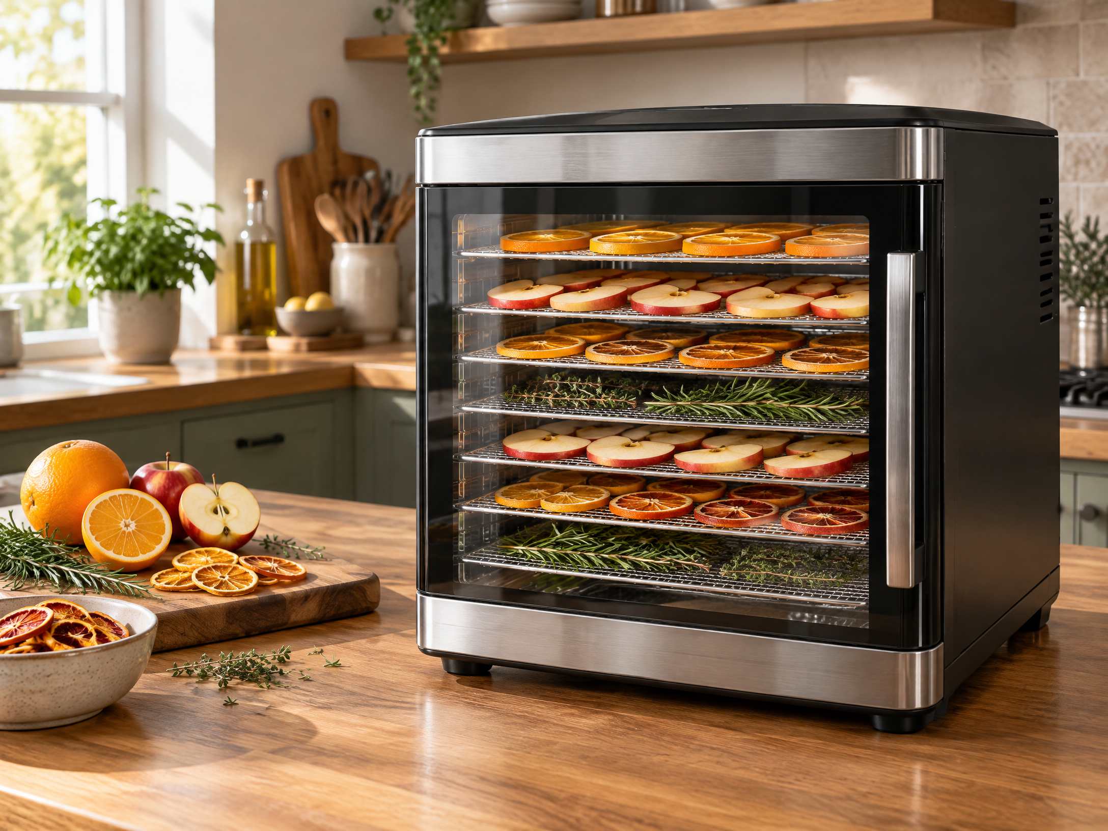 NutriDry Pro 6-Tray Digital Countertop Dehydrator in a home lifestyle setting