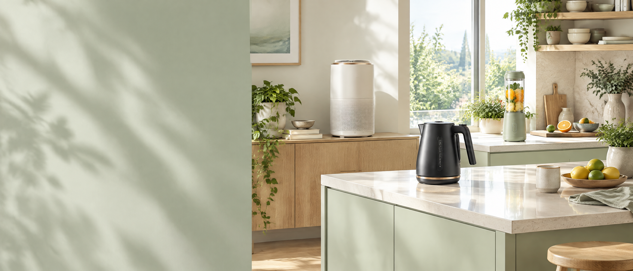 Fresh small home appliances in a bright Scandinavian kitchen