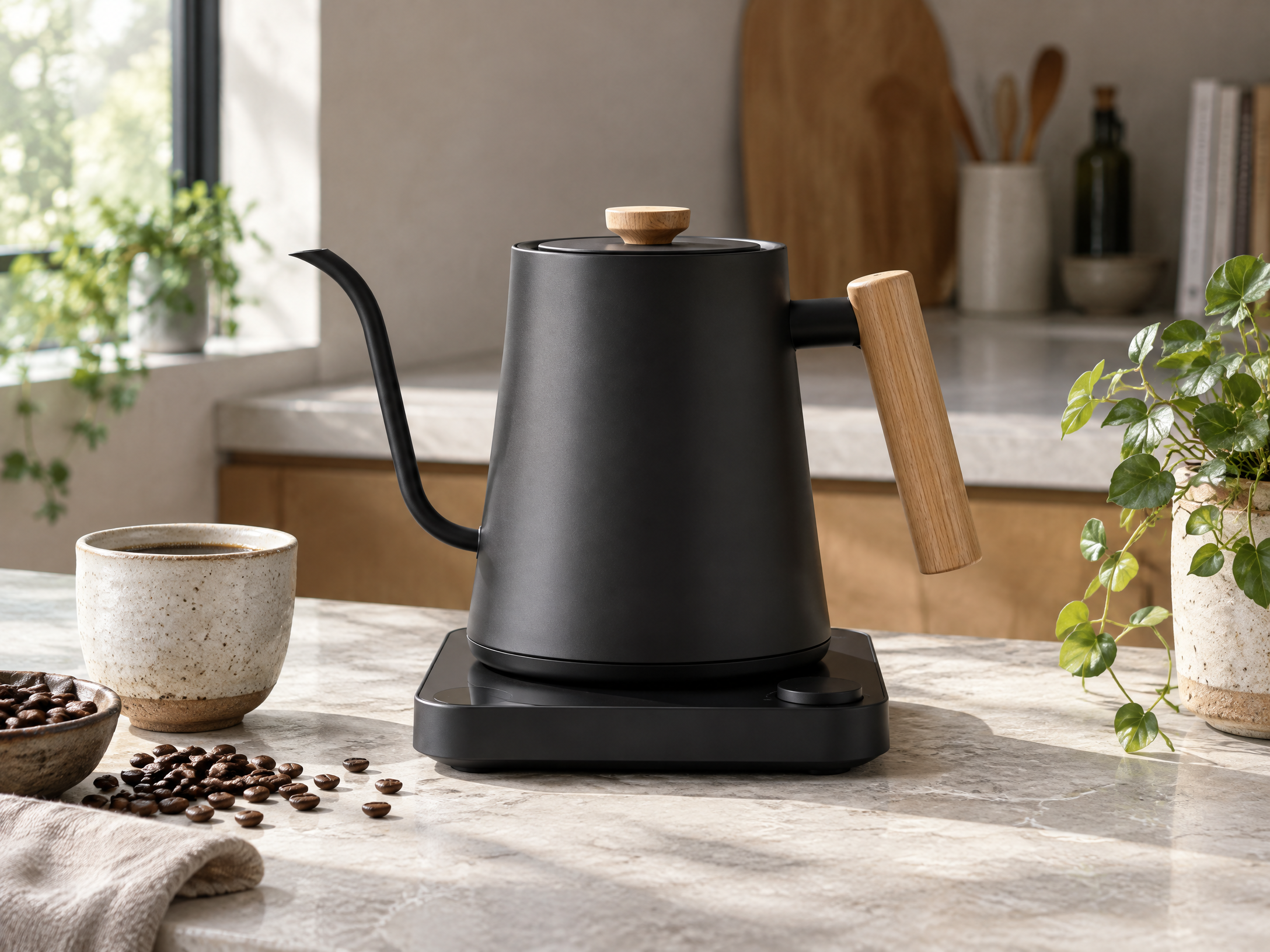 Artisan Temp-Control Electric Pour-Over Kettle in a home lifestyle setting